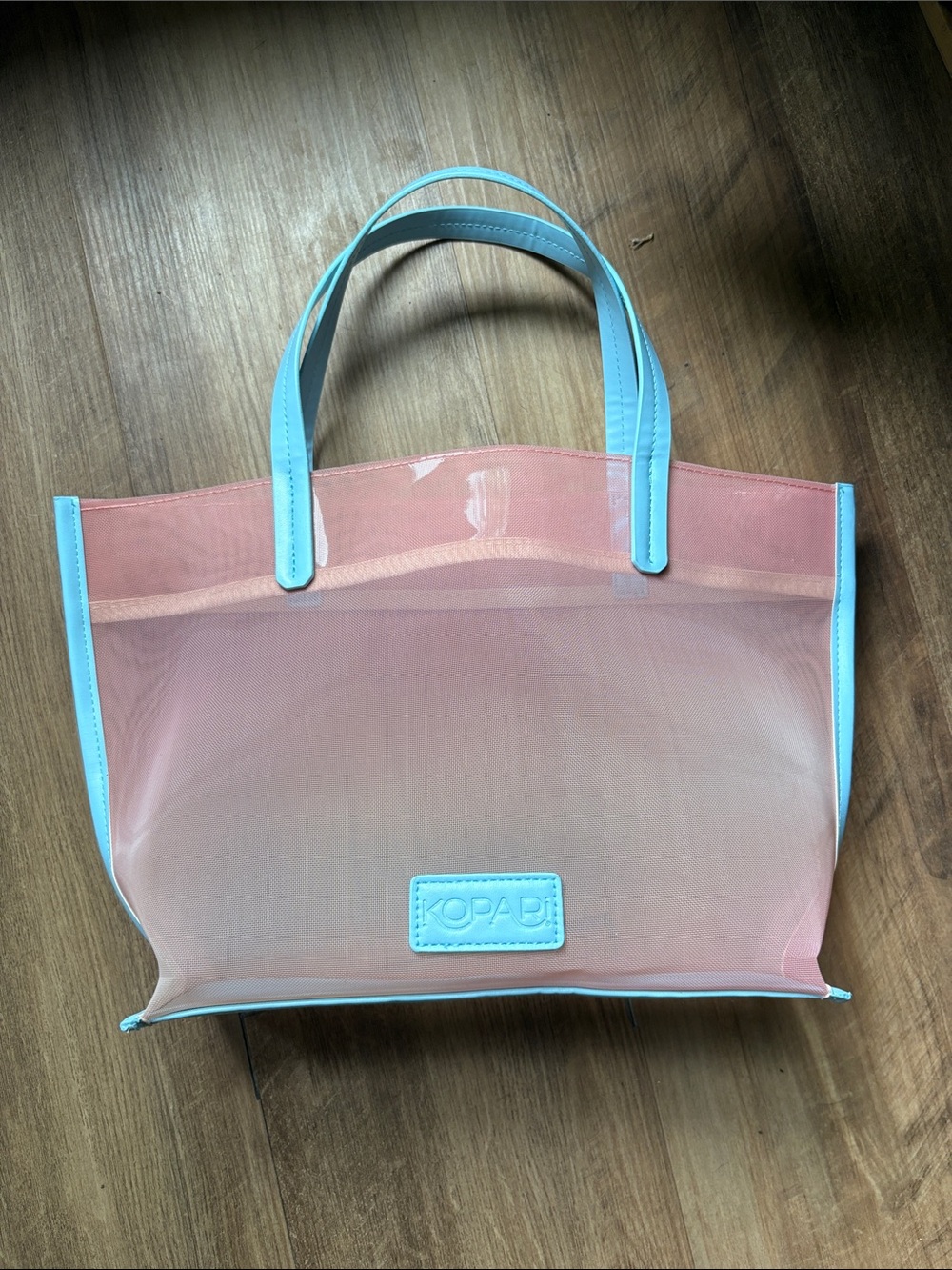 Kopari Pink Mesh Tote with Light Blue Trim